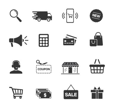 Çevrimiçi alışveriş simgeleri ayarlandı, ödeme unsurları vektör illüstrasyonu