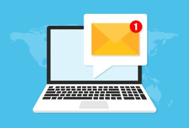Zarflı dizüstü bilgisayar ve belgesi ekranda. E- posta, e- posta simgesi