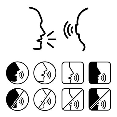 İnsanlar konuşur, konuşur. Siyah adam baş silueti konuşan logo.