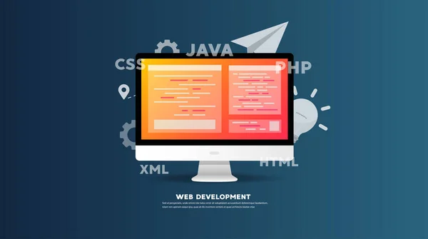 Concepto Desarrollo Software Monitor Con Código Pantalla Ilustración Plana Del — Vector de stock