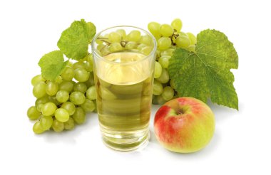 Apple, glass of fruit juice and bunch of sweet green grape isolated on white background.