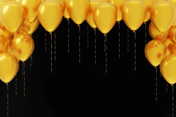 Vliegende Gele Ballonnen Zwarte Achtergrond Template Lege Vakantie Achtergrond Destructie — Stockfoto