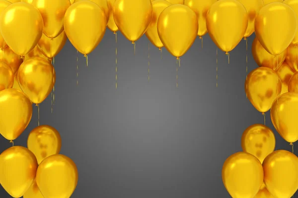 Flying Yellow Balloons Gray Background Template Empty Holiday Background Rendering — Stok fotoğraf