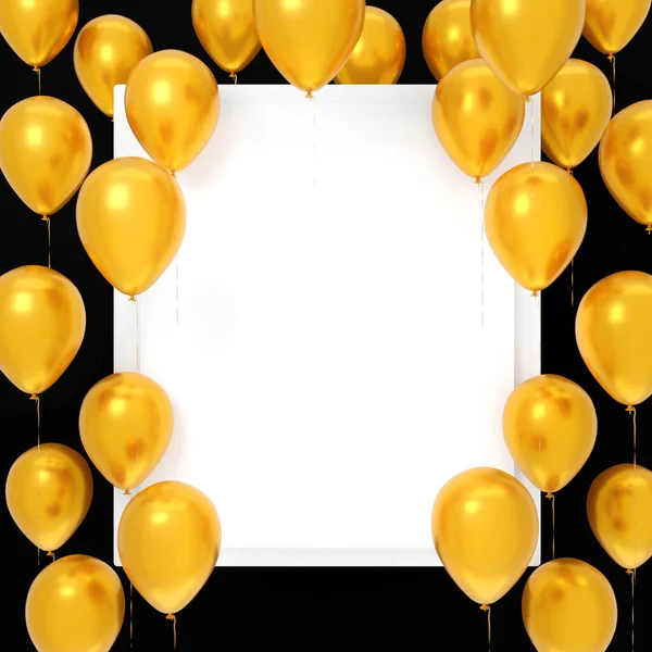 Siyah Arka Planda Boş Beyaz Kartın Etrafında Uçan Sarı Balonlar — Stok fotoğraf