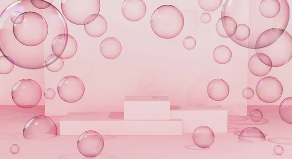 Podium Platform Voor Productpresentatie Tegen Roze Muren Met Zeepbellen Rond — Stockfoto