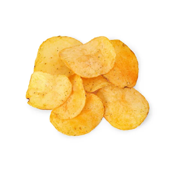 Ovanifrån Hög Med Krispiga Potatischips Isolerad Vit Bakgrund — Stockfoto