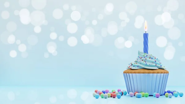 蛋糕上覆盖着蓝色釉面 在蓝色背景上点上一支蜡烛 具有防爆效果 3D渲染 生日贺卡 — 图库照片