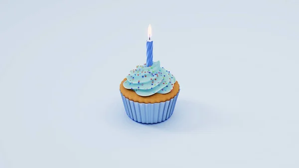 节日纸杯蛋糕 蓝底一支蜡烛 3D渲染 生日贺卡 — 图库照片
