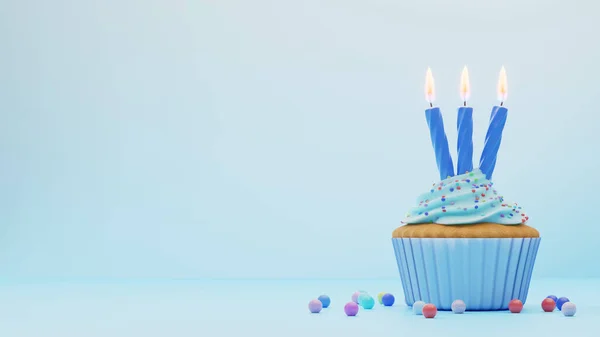 青釉のカップケーキと左側の青 空のスペースに3本のろうそくで祭りの背景 3Dレンダリング 誕生日グリーティングカード — ストック写真