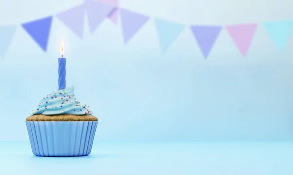 Pastelito Festivo Cubierto Con Glaseado Azul Con Una Vela Sobre —  Fotos de Stock