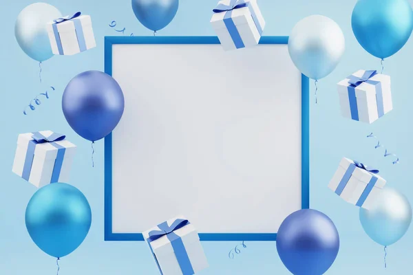 Feestelijke Kaart Met Vliegende Cadeaus Kleurrijke Ballonnen Rond Leeg Blauw — Stockfoto