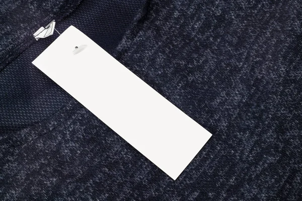 White Rectangular Clothing Tag Blank Label Dark Blue Dress Close — Stock Photo, Image