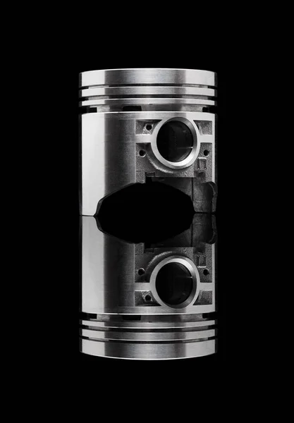 Nouveau Piston Avec Réflexion Isolé Sur Fond Noir Pièces Moteur — Photo