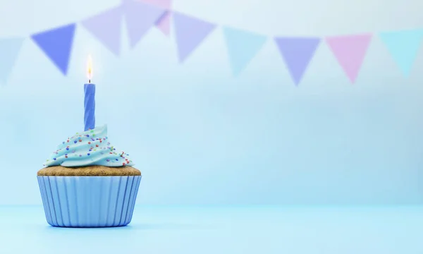 Cupcake Festif Recouvert Glaçage Bleu Avec Une Bougie Sur Fond Photos De Stock Libres De Droits