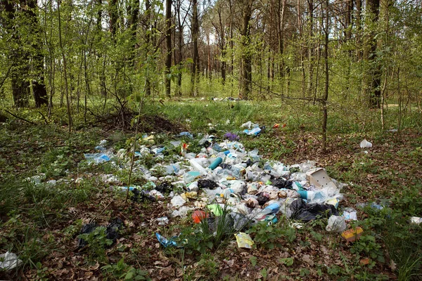 Pile of garbage dump in the forest. Nature environment problems. Polluted nature of forests. Ecology disaster. Global earth pollution.