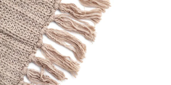 Beige Woolen Knitted Scarf Tassels White Background Empty Place Right — Stock Photo, Image