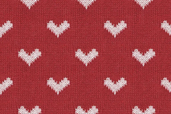 Seamless Repetitive Pattern Red Knitted Fabric White Heart Close Textile — Stock Photo, Image
