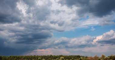 Yaz günlerinde ağaçların tepesinde yağmurlu bulutların olduğu gökyüzü manzarası.