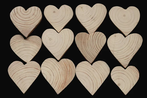 Wooden Hearts Black Background Many Wooden Hearts — Fotografia de Stock