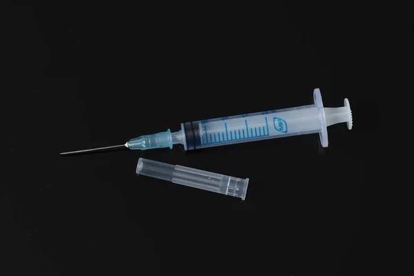 Medical Plastic Disposable Syringe Black Background Medical Syringe — Foto Stock