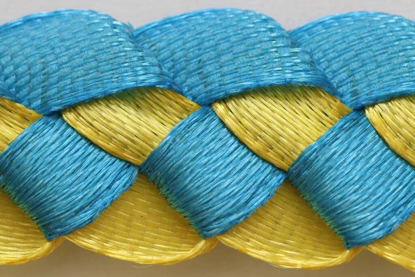 Blauw Gele Stof Textuur Met Geweven Van Gele Blauwe Linten — Stockfoto