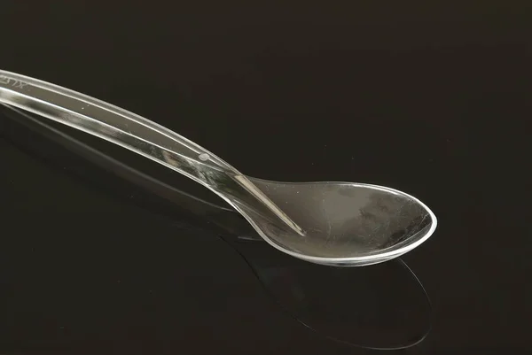 Transparent Spoons Black Background Disposable Food Spoons — Stock Photo, Image