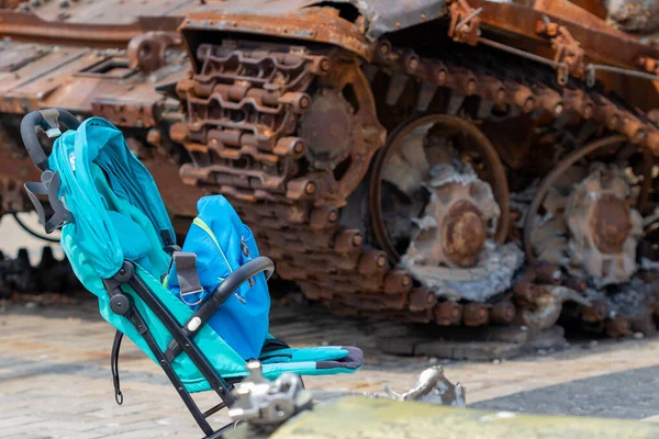 Baby Stroller Wrecked Russian Tank Destroyed Russian Tank Ukraine —  Fotos de Stock