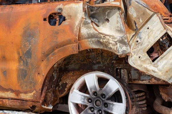 Burnt Rusty Car Civilian Car People Ukraine Shot Burned Russian — Stock fotografie