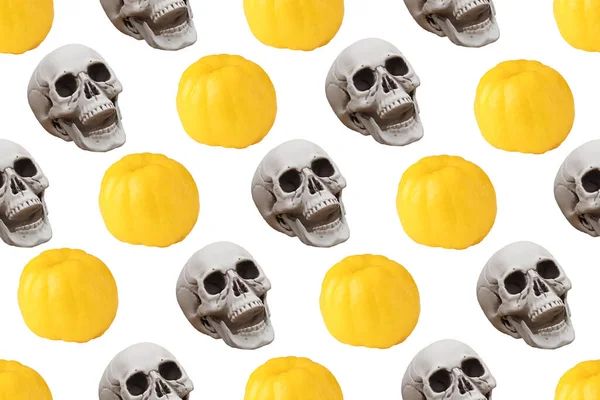 Seamless Pattern Pumpkins Skulls Decorative Background Yellow Pumpkin Skull — Stock Fotó