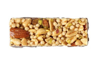 granola bars with nuts and seeds on white background