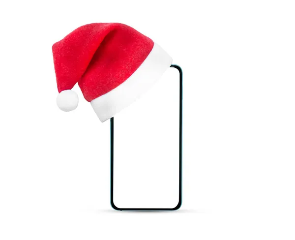 Smart Phone Red Christmas Hat Isolated White Background Copy Space — Stock Photo, Image