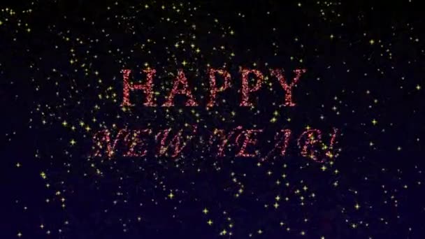Animación 4k de fuegos artificiales rojos y anaranjados explosivos y la aparición de la inscripción feliz año nuevo — Vídeo de stock