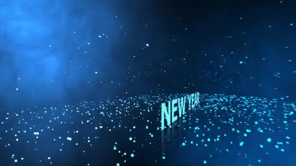 Utseende av text nytt år. animation mot bakgrund av blå partiklar — Stockvideo