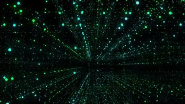Siyah arka planda hareket eden renkli yeşil ve mavi noktalar. Canlandırma 4k