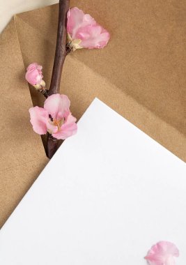 Davetiye ya da tebrik kartı el işi zarf ve pembe erikli maket.