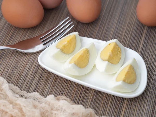 Sliced Hard Boiled Eggs Small Plate Fork Them Close — Stock Photo, Image