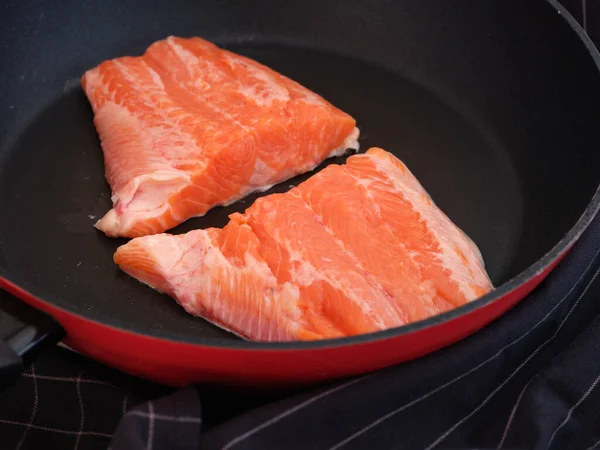 Two Trout Fillet Slices Lying Frying Pan Ready Cooked Low — Stock Photo, Image