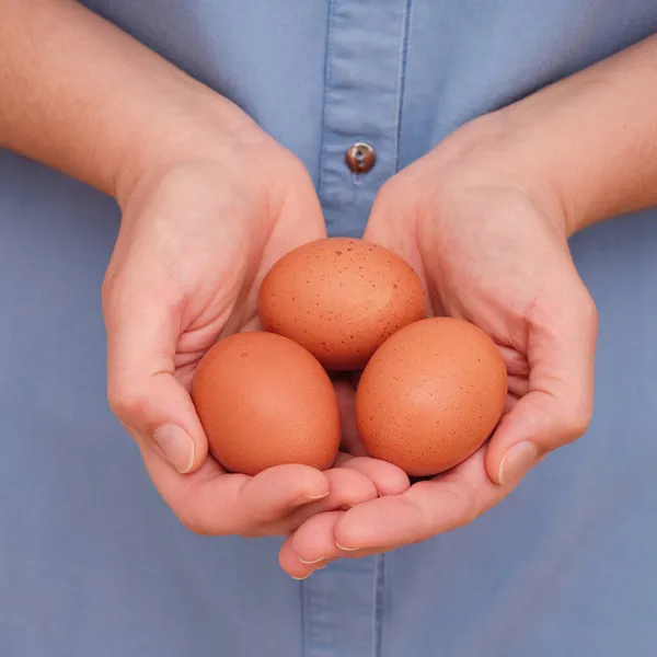 Een Vrouw Met Biologische Bruine Kippeneieren Haar Handen Sluiten — Stockfoto