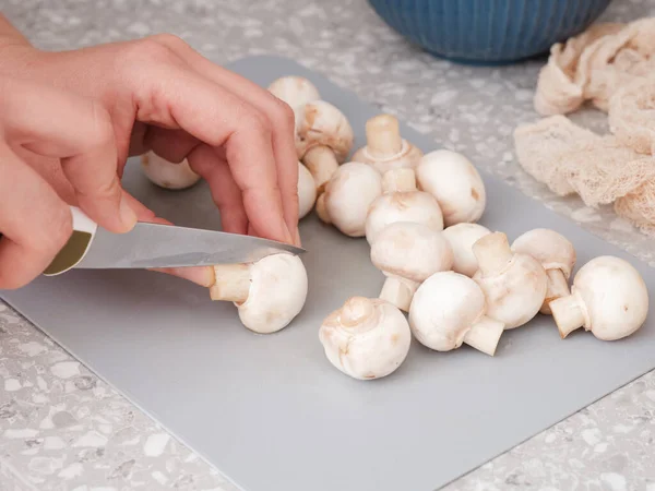 Woman Cutting Fresh Champignon Mushrooms Knife Close — Stock Photo, Image