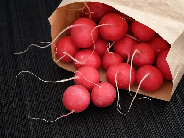 Red Radishes Paper Bag Low Key Close — Stock fotografie