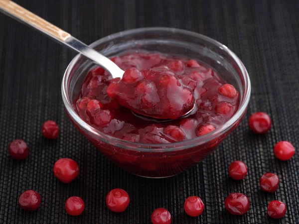 Homemade Wild Lingonberry Jam Glass Bowl Low Key Close — Stock Photo, Image