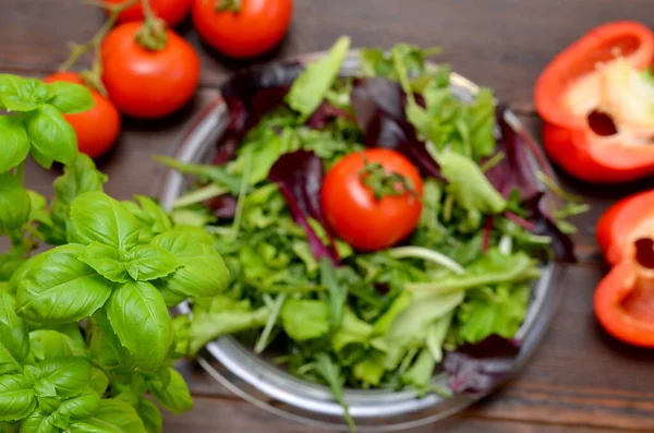 Foglie Basilico Primo Piano Erbe Pomodori Ingredienti Fare Insalata — Foto Stock