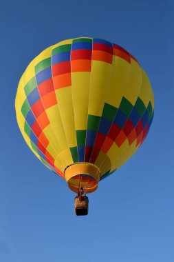 multi-colored hot air balloon close up in the blue sky