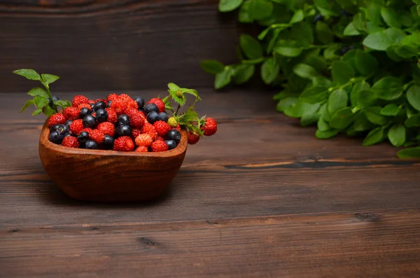 Wilde Rijpe Bessen Aardbeien Bosbessen Een Kom Houten Ondergrond Plaats — Stockfoto