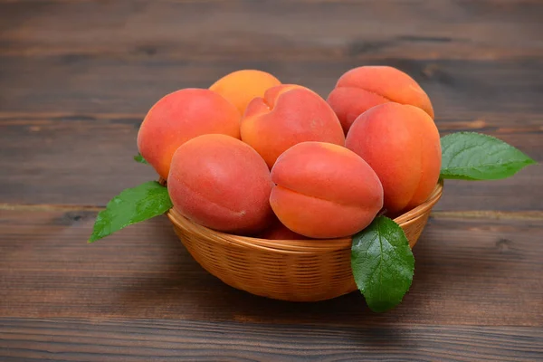 Ripe Apricots Basket Wooden Background Close — Foto de Stock