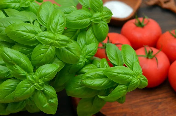 Potted Basil Tomatoes Cooking Salad Table — ストック写真