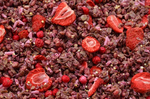 Food Background Pink Muesli Strawberry Flavor Freeze Dried Berries — Stock Photo, Image