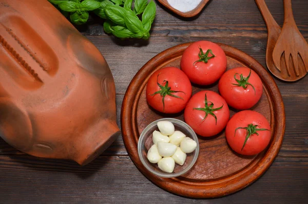 Products Cooking Snacks Mozzarella Mini Tomatoes Basil Table — Foto Stock