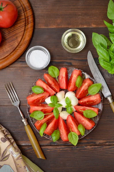 Italian Appetizer Tomatoes Mozzarella Basil Plate — Foto Stock