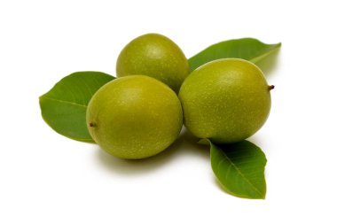 green walnuts with leaves isolated on white background